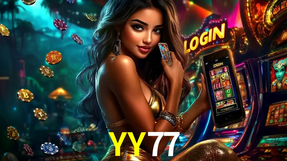 Mulher em um cenário de cassino temático de aventura, mostrando o app de caça-níqueis da YY77 no celular. Fichas de apostas flutuam ao redor.