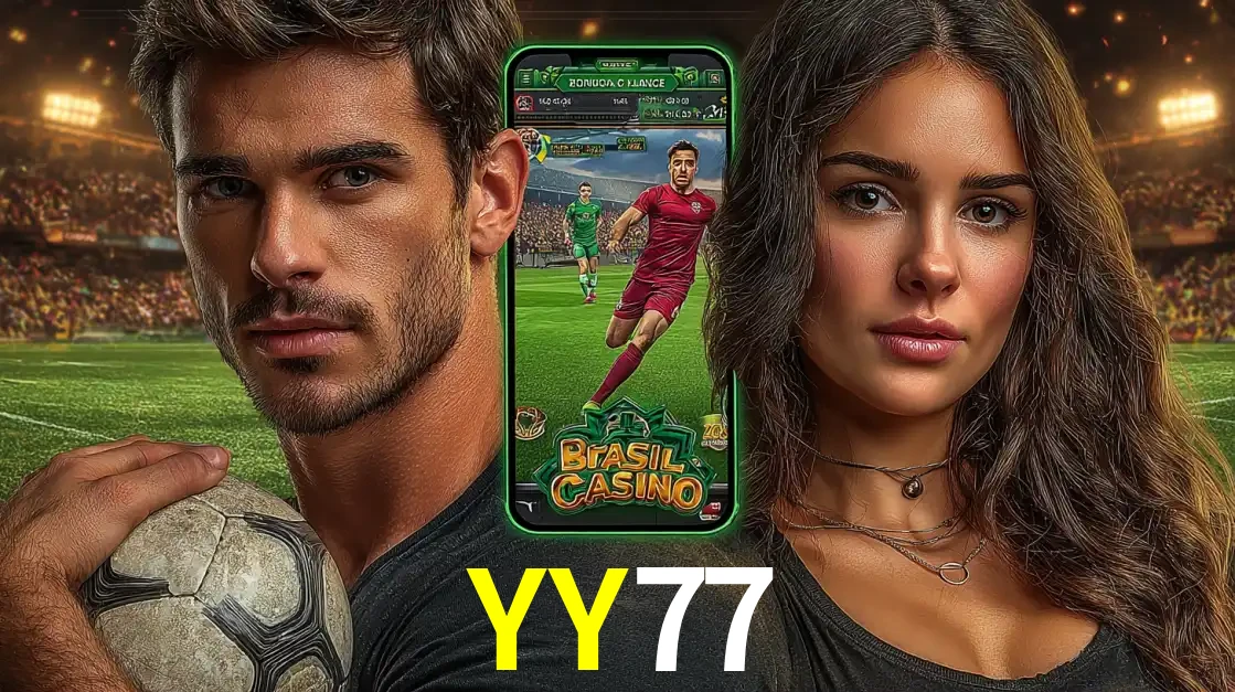 Homem segurando uma bola de futebol e uma mulher ao lado de um smartphone exibindo o jogo de apostas esportivas da YY77. Faça seu palpite no cassino online.